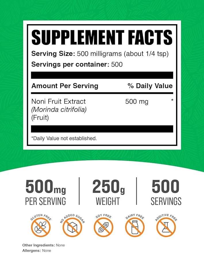 BulkSupplements.com Noni Fruit Extract Powder - Noni Fruit Supplement, Noni Fruit 500mg - Superfood Powder, Gluten Free, 500mg per Serving, 250g (8.8 oz) (Pack of 1)