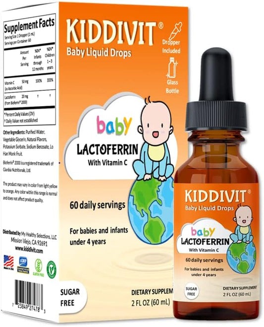 Kiddivit Baby Lactoferrin Liquid Drops - 60 Daily Servings, 2 Fl Oz (60 mL) - Inulin Fortified (Prebiotic, Dietary Fiber) - Sugar Free, Gluten Free, Vegetarian Friendly