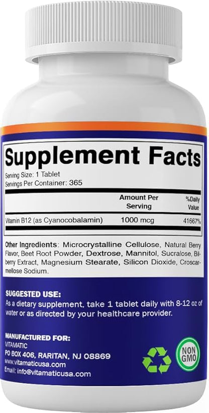 Vitamatic Vitamin B12 1000 mcg Fast Dissolve Tablets – Natural Berry Flavor – 365 Tablets per Bottle - 2 Bottles – Supports Energy Metabolism & Nervous System Health