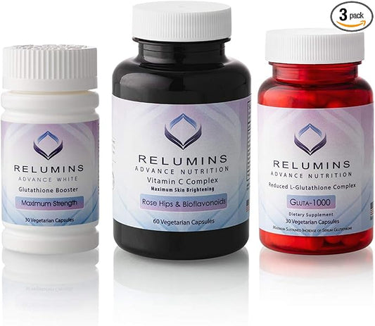 Relumins Advance Nutrition 3-Bottle Supplement Set – Gluta 1000 with Reduced L-Glutathione, Vitamin C MAX, Immune Function & Overall Wellness – Vegan, Halal, Kosher, cGMP Certified