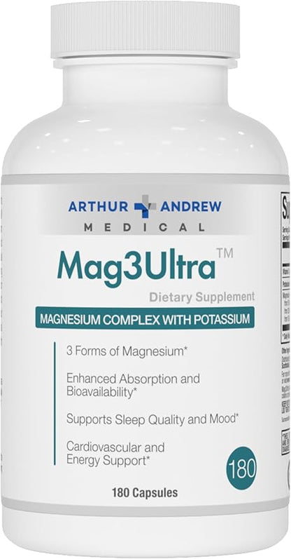 Arthur Andrew Medical, Mag3Ultra Triple Magnesium Supplement, Sucrosomial, Bisglycinate, Taurate for Muscle, Stress, Mood, Nerve, Bone & Heart Support, 180 Capsules