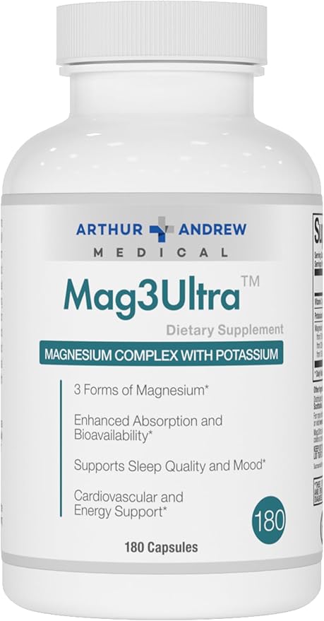 Arthur Andrew Medical, Mag3Ultra Triple Magnesium Supplement, Sucrosomial, Bisglycinate, Taurate for Muscle, Stress, Mood, Nerve, Bone & Heart Support, 180 Capsules