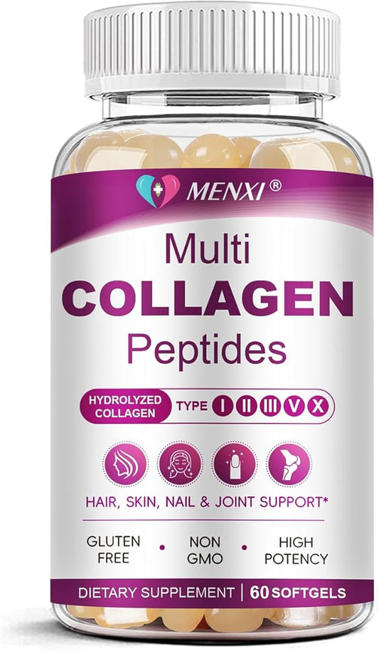 Multi Collagen Peptides Softgel for Women & Men - Type I, II, III, V, X - Hydrolyzed Collagen Peptides with Biotin, Vitamin C & Hyaluronic Acid - Support Skin, Hair, Nail & Joint - Non-GMO, 60 Softgel