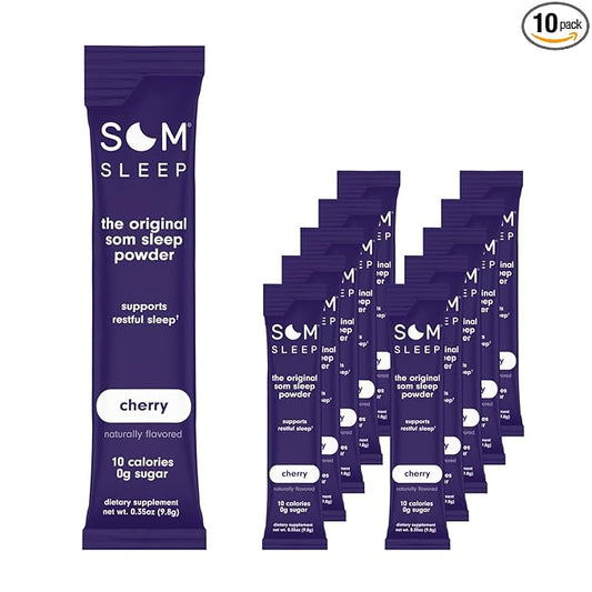 Som Sleep, Restful Sleep Powder Drink Mix w/Melatonin, Magnesium, Vitamin B6, L-Theanine & GABA – Vegan, Zero Sugar, Keto Friendly – Cherry, 10-Pack