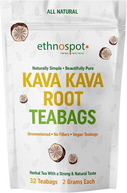 Kava Kava Root Teabags - Kava Kava Tea Pure - 100% Natural Herbal Tea for Stress Support Relaxation Improves Mood and Nervous System - Feel Happy Tea - 2 Gram Teabags - 32 Vegan Teabags