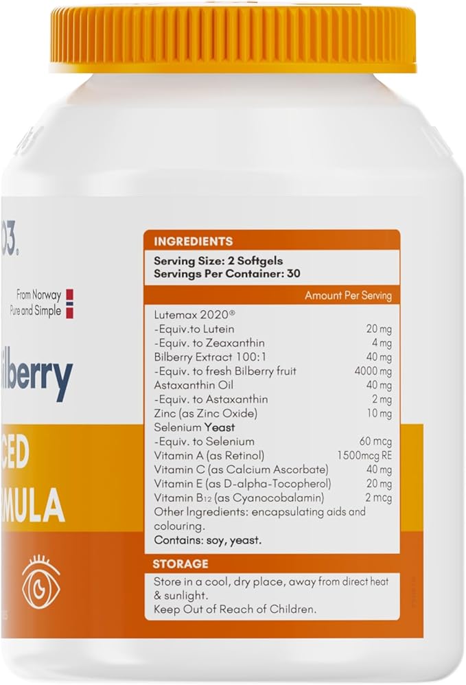 Lutein 20mg and Zeaxanthin Supplements, Lutemax 2020, 60 Softgels Advanced Bilberry & Astaxanthin, Vitamins A, C, E, B12 & Minerals, Eye Health & Vision Protection