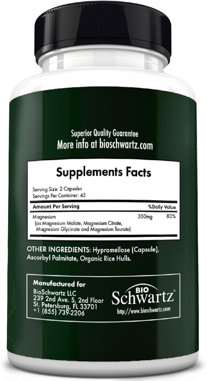 Magnesium Complex Supplement - Extra Strength 350mg High Absorption Magnesium Glycinate Citrate Malate and Taurate to Support Heart Health Sleep Nerves Muscles - Non GMO, Vegan Safe, 90 Capsules