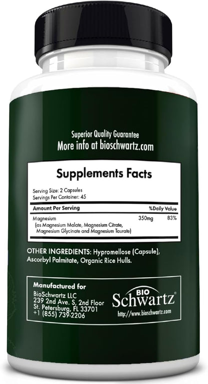 Magnesium Complex Supplement - Extra Strength 350mg High Absorption Magnesium Glycinate Citrate Malate and Taurate to Support Heart Health Sleep Nerves Muscles - Non GMO, Vegan Safe, 90 Capsules