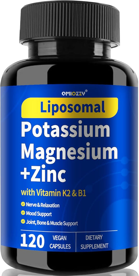 Magnesium Potassium Supplement, 1600mg Liposomal Magnesium Aspartate, Potassium Chloride, with Zinc, K2, Vitamin B1 for High Blood Pressure, Support Vascular, Bone & Leg Cramps, 120 Veg Capsules