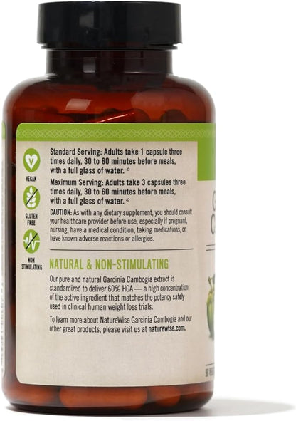 Naturewise Garcinia Cambogia - 60% HCA Concentration Extract, Natural Support for Weight Goals and Energy Levels - Vegan, Non-GMO, Gluten Free - 90 Capsules[1-3 Month Supply]