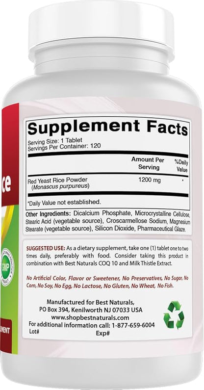 Best Naturals Red Yeast Rice 1200 mg (Non-GMO) 120 Tablets - Non Irradiated, Citrinin Free