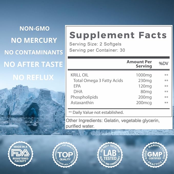 Antarctic Krill Oil 1000mg Rich in Omega 3 Healthy Fatty Acid Extra Strength EPA & DHA with Natural Astaxanthin, Heart & Brain Health, Superior Absorption 60 Small softgels. No Aftertaste or Reflux