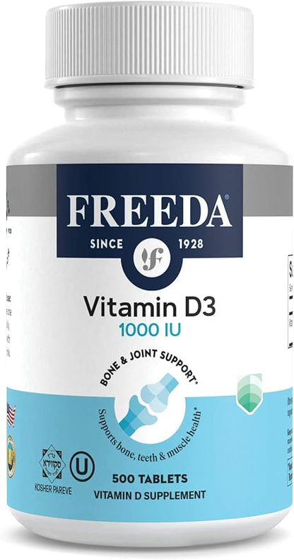 FREEDA Vitamin D3-1000 IU - Pure High Potency Kosher Supplement Tablets - Bone and Muscle Health, Calcium Absorption, Immune Support for Men and Women* - 500 Count