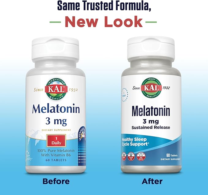 KAL Melatonin 3mg Sustained Release Sleep Aid, Melatonin Supplement Supports Healthy Relaxation, a Calm Feeling and a Proper Sleep Cycle, w/Added Vitamin B6, Vegan, Gluten Free 60 Serv, 60 Tablets