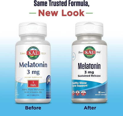 KAL Melatonin 3mg Sustained Release Sleep Aid, Melatonin Supplement Supports Healthy Relaxation, a Calm Feeling and a Proper Sleep Cycle, w/Added Vitamin B6, Vegan, Gluten Free 60 Serv, 60 Tablets