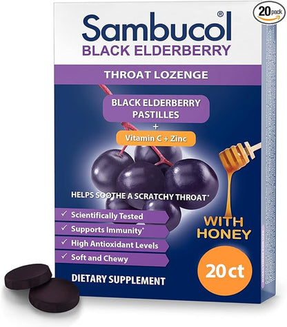 Sambucol Black Elderberry Throat Lozenge - Sambucus Elderberry Lozenges With Vitamin C, Zinc & Honey, Helps Soothe a Scratchy Throat, High Antioxidants, Gluten-Free - 20 Count