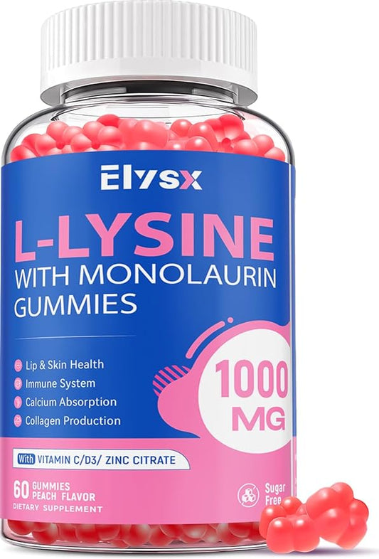 L-Lysine Gummies 1000mg, Sugar-Free Chewable Lysine with Monolaurin Supplement for Adults & Kids, Lips & Oral Health, Immune & Overall Health, Natural Peach Flavor, 60 Count