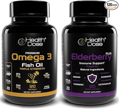 Premium Immune Support Bundle by Health Dose, Omega 3 Fish Oil Triple Strength, Gluten-Free, Non-GMO, 120 Softgels + Elderberry Plus 11 in 1, Defense Immune Support Booster, 120 Chlorophyll Capsules.