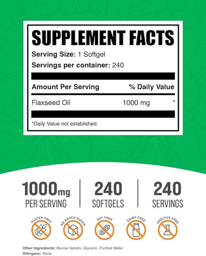 BulkSupplements.com Flaxseed Oil Softgels - Flaxseed Supplement, Flaxseed Oil 1000mg Softgels - Herbal Supplement, Gluten Free, 1 Softgel per Serving, 240 Count (Pack of 1)