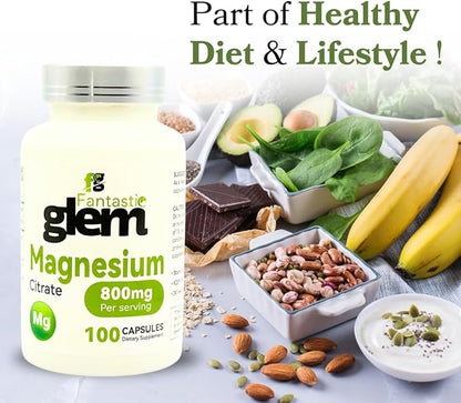 Magnesium Citrate Capsules- Dietary Supplement to Support Bone Health, Muscle Function and Relaxation, High Absorption Magnesium Supplement - GMO, Soy and Gluten Free- 100 Count, 800mg