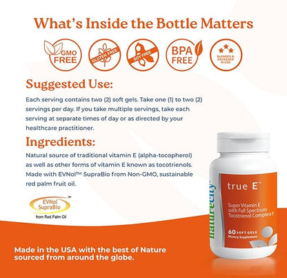 NatureCity True-E Full Spectrum Tocotrienols Vitamin E & Natural Alpha Tocopherol Supplement | Sustainable Vitamin E Tocotrienols from Evnol Suprabio | Non-GMO Vitamin E Complex | 60 Soft gels