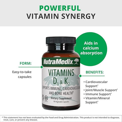 NutraMedix Vitamin D3 and K2 Immune Support Supplement for Women & Men - Help Support Heart Health - Can Assist with Calcium Metabolism (90 Capsules)