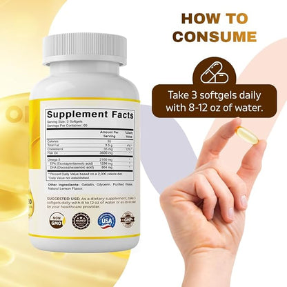 Vitamatic Triple Strength Omega 3 Fish Oil 3600mg Per Serving, 2160mg Omega 3 Fatty Acids, 1296mg EPA + 864mg DHA, Burpless Lemon Flavor, 180 Softgels