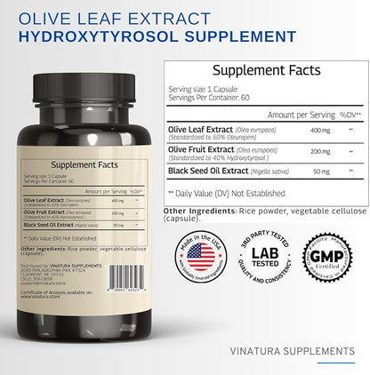 Olive Leaf Extract Hydroxytyrosol Supplement - 40% Hydroxytyrosol Olive Fruit Extract, 50% Oleuropein Olive Leaf Extract Capsules - 60 Capsules