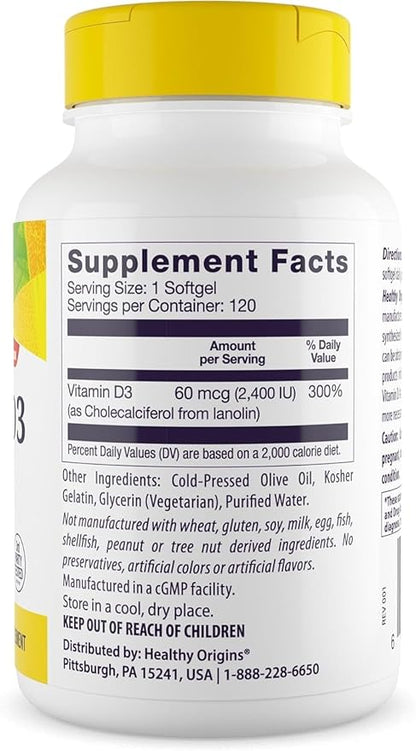 Healthy Origins Vitamin D3 (Lanolin) 2,400 IU Softgel - Bone Health and Immune Support Supplement - Easily Absorbable Vitamin D Supplements - Gluten-Free Vitamin D3 Supplement - 120 Softgels