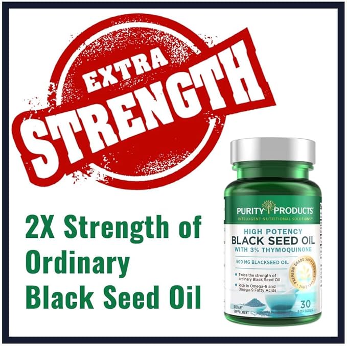 Purity Products High Potency Black Seed Oil - Double Strength + Cold Pressed - 3% Thymoquinone - 500 mg Black Cumin Seed Oil - Omega 6 + 9 Essential Fatty Acids - Easy to Swallow - 30 Mini Softgels