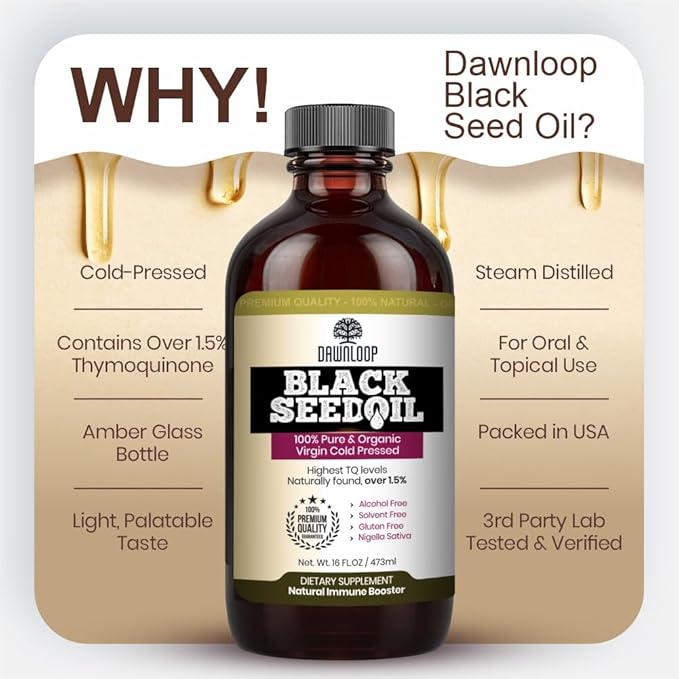 Black Seed Oil Cold Pressed - 100% Pure Nigella Sativa, Black Cumin Oil for Skin, Hair, Cooking, and Daily Use, Gluten Free, Non-GMO