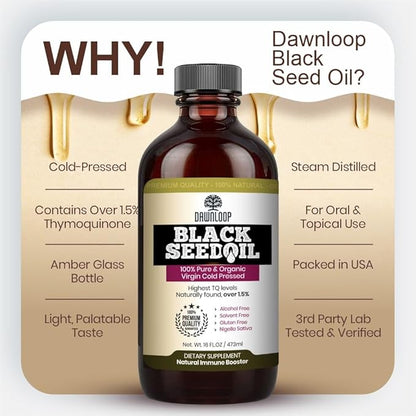 Black Seed Oil Cold Pressed - 100% Pure Nigella Sativa, Black Cumin Oil for Skin, Hair, Cooking, and Daily Use, Gluten Free, Non-GMO