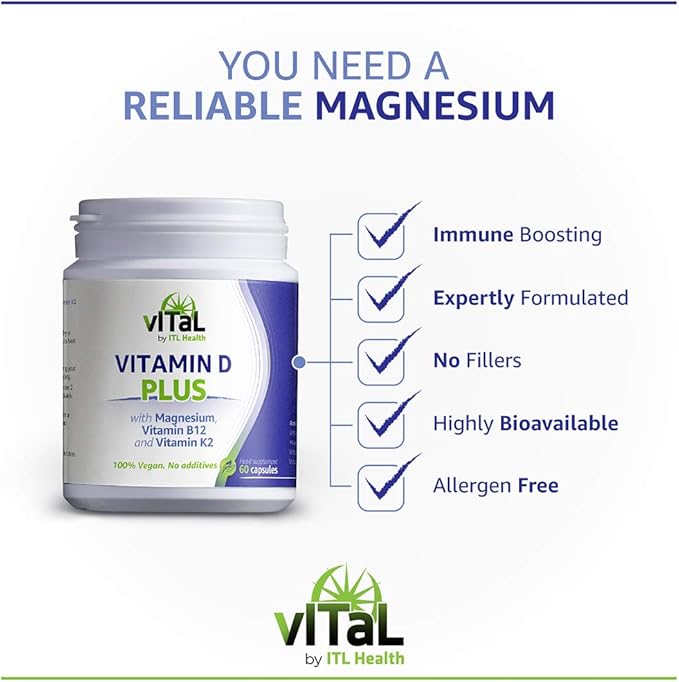 Vegan Vitamin D3 Plus with Magnesium, B12, K2 - High Potency Food-Based Immune Support, Bone Health & Mood Balance Supplement - 60 Easy-to-Swallow Capsules for Adults and Kids