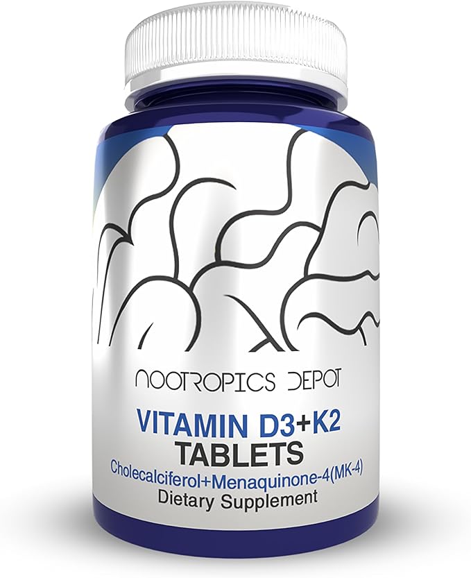 Nootropics Depot Vitamin D3 + K2 with Vitamin C Tablets | 365 Count | Cholecalciferol + Menaquinone-4 (MK-4) | Mood, & Bone Health | Healthy Calcium Absorption