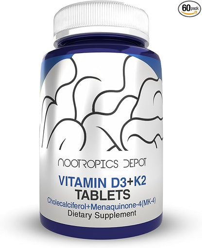 Nootropics Depot Vitamin D3 + K2 with Vitamin C Tablets | 60 Count | Cholecalciferol + Menaquinone-4 (MK-4) | Mood, & Bone Health | Healthy Calcium Absorption