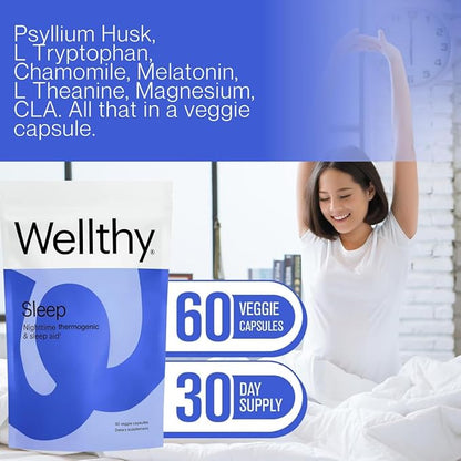 Wellthy Night Time Thermogenic - Vitamin B6, Ashwagandha & Melatonin - Nighttime Thermogenic for Women - Belly Thermogenic - Natural Weight Loss Supplements for Women, 60ct