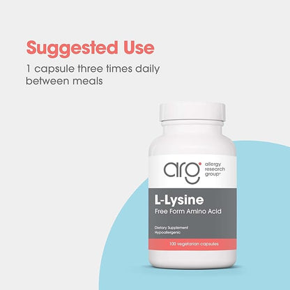 Allergy Research Group L-Lysine - Immune Support, L-Lysine HCI, Free Form Amino Acid, 500mg Supplement, Pure, Organic, Vegetarian Capsules - 100 Count