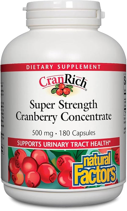 Natural Factors, CranRich, Super Strength 36:1 Cranberry Concentrate, 500 mg, Sugar-Free Whole Fruit Cranberry Pills for Urinary Tract Health, 180 Count (Pack of 1)