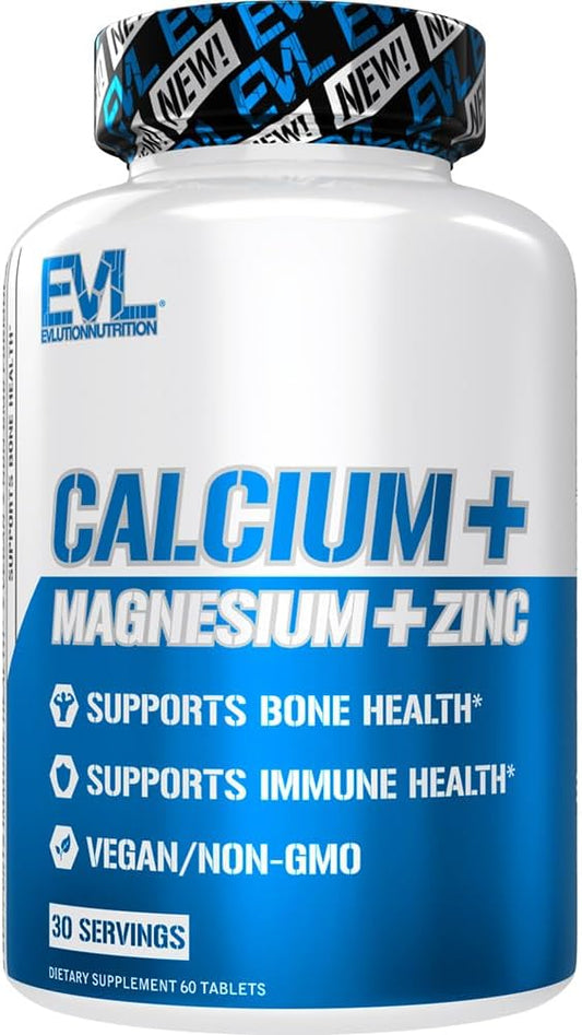 Evlution Nutrition Calcium + Magnesium + Zinc - Bone + Muscle Health Support - Immune + Sleep Supplement - Vegan + Non-GMO - 30 Servings