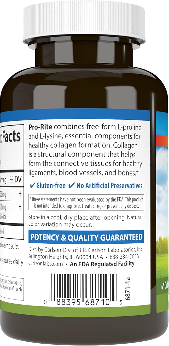 Carlson - Pro-Rite, Free-Form L-Proline & L-Lysine, Health, Joint Support & Collagen Formation, 90 Capsules