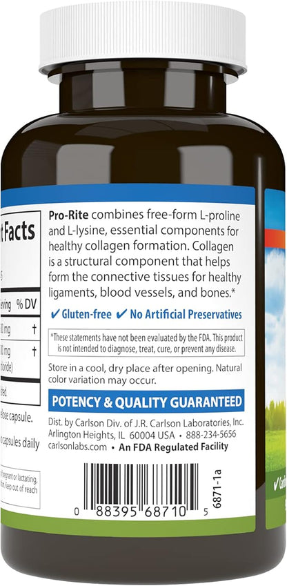 Carlson - Pro-Rite, Free-Form L-Proline & L-Lysine, Health, Joint Support & Collagen Formation, 90 Capsules