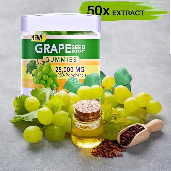 Grape Seed Extract Gummies | Grape Seed Oil 25,000 mg 50x Original | >95% Polyphenols | #1 Grape Seed Gummies in USA | Sugar Free Vegan | Grape Flavor 60 ct