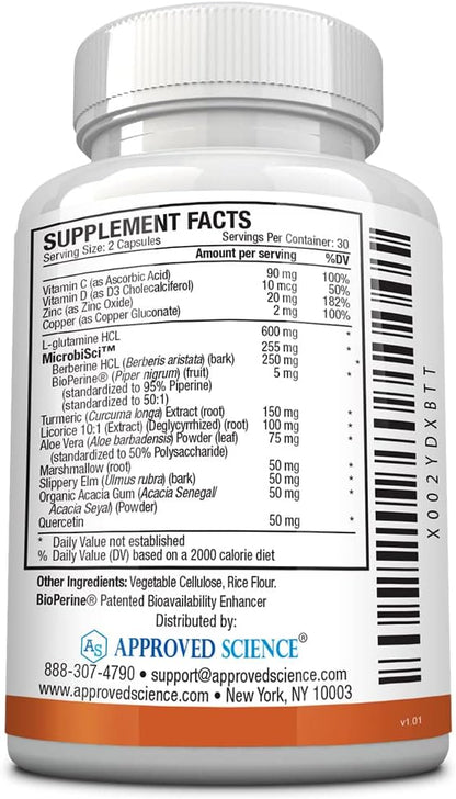 Approved Science® Gutsyl - Leaky Gut Supplement - Protect GI Tract with Aloe Vera, Marshmallow Root, Licorice, and Slippery Elm - Contains Prebiotic and BioPerine - 60 Capsules - 100% Vegan