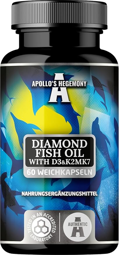APOLLO'S HEGEMONY Diamond Fish Oil 1000mg per Capsule with Vitamins D3, K2 and E - 60 Capsules - High Dose Omega 3 with 330mg EPA and 220mg DHA - Fish Oil Fatty Acids (EFAs)