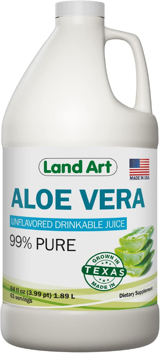 Pure Aloe Vera Juice Unflavored - Cold-Processed - Inner Filet from Organic Fresh Leaves from Texas - 64 fl oz