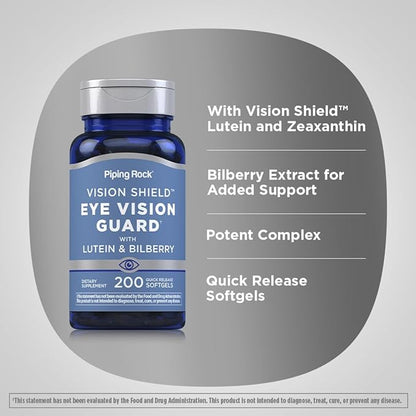 Piping Rock Lutein and Zeaxanthin Supplements | 200 Softgels | with Bilberry Extract | Eye Vision Vitamin | Non-GMO, Gluten Free