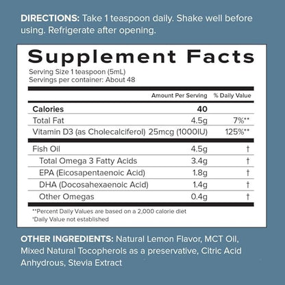 SFH Super Omega 3 Orange Fish Oil Liquid + Vitamin D | Highly Concentrated 3400mg Omega 3s + 1000IU Vitamin D3 | Sustainably Sourced Alaskan Pollock | Spill-Proof Lids | 8oz