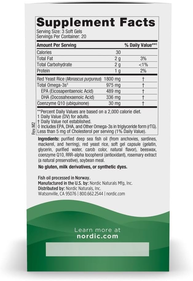 Nordic Naturals Cholesterol Omega LDL, Lemon - 60 Soft Gels - 975 Omega-3 + Red Yeast Rice & CoQ10 - Normal Cholesterol, Antioxidant Support - EPA & DHA - Non-GMO - 20 Servings