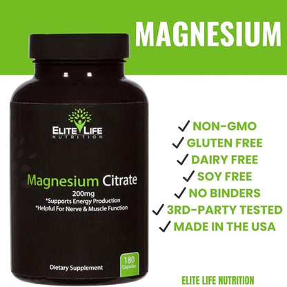 Magnesium Citrate 200mg - Pure, High-Potency, Bioavailable, and Natural Magnesium - Optimum for Stress Relief, Sleep, Relaxation, Constipation, and Brain Support Now - with 180 Capsules