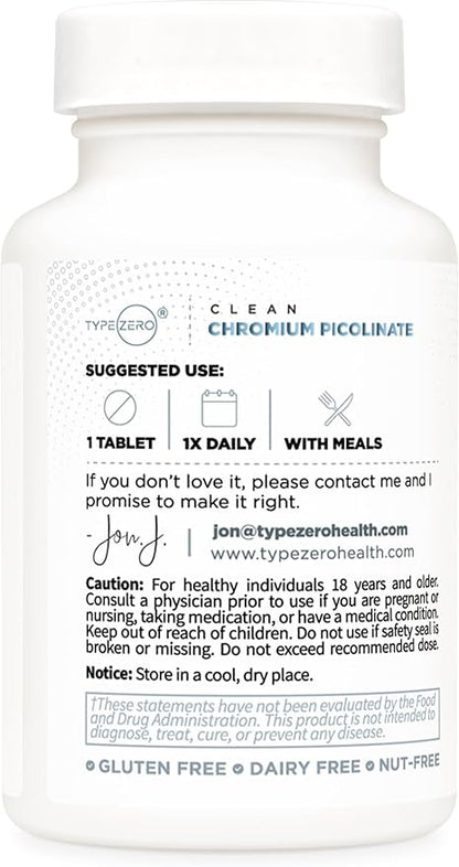 Type Zero Clean Chromium Picolinate Tablets (120 Servings, 1,000 MCG Per Serving) - Non-GMO, Gluten Free